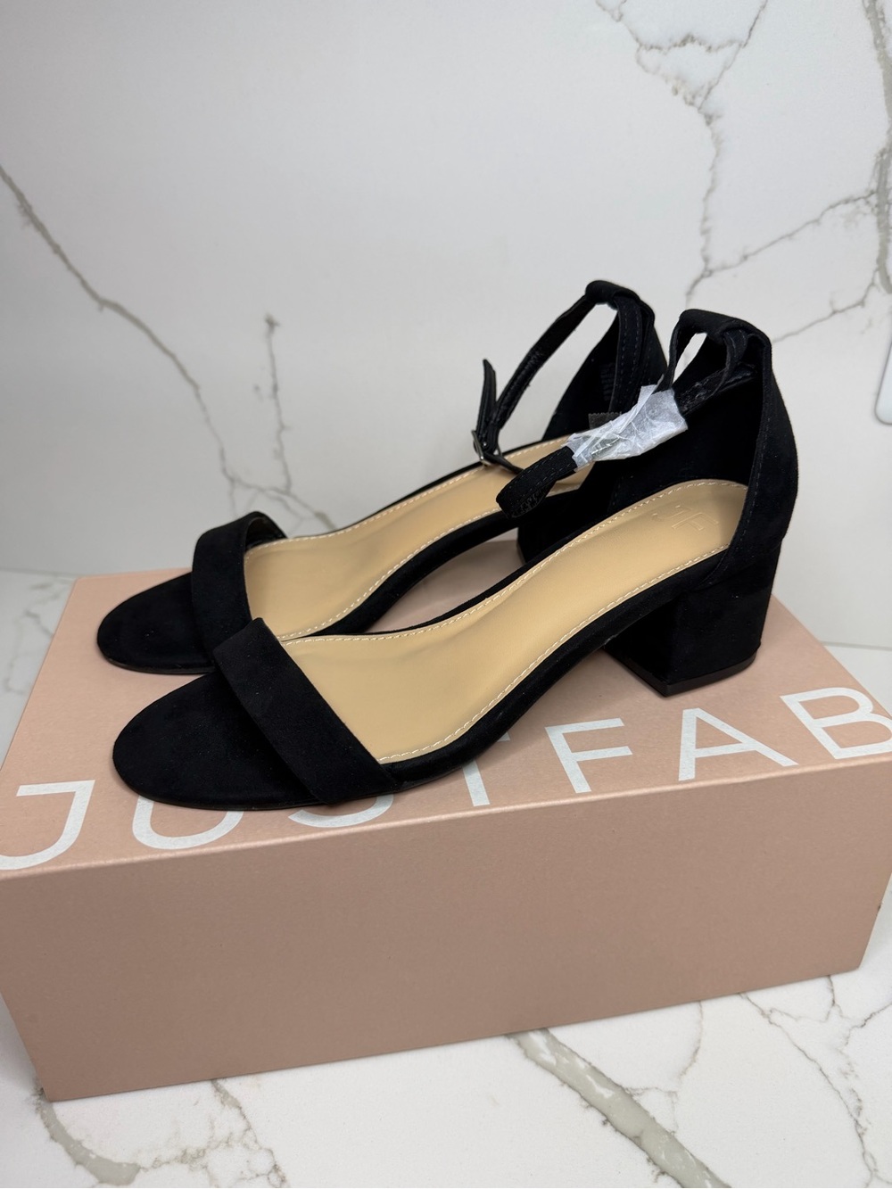 JustFab Black Open-Toe Block Heel Ankle Strap Sandals